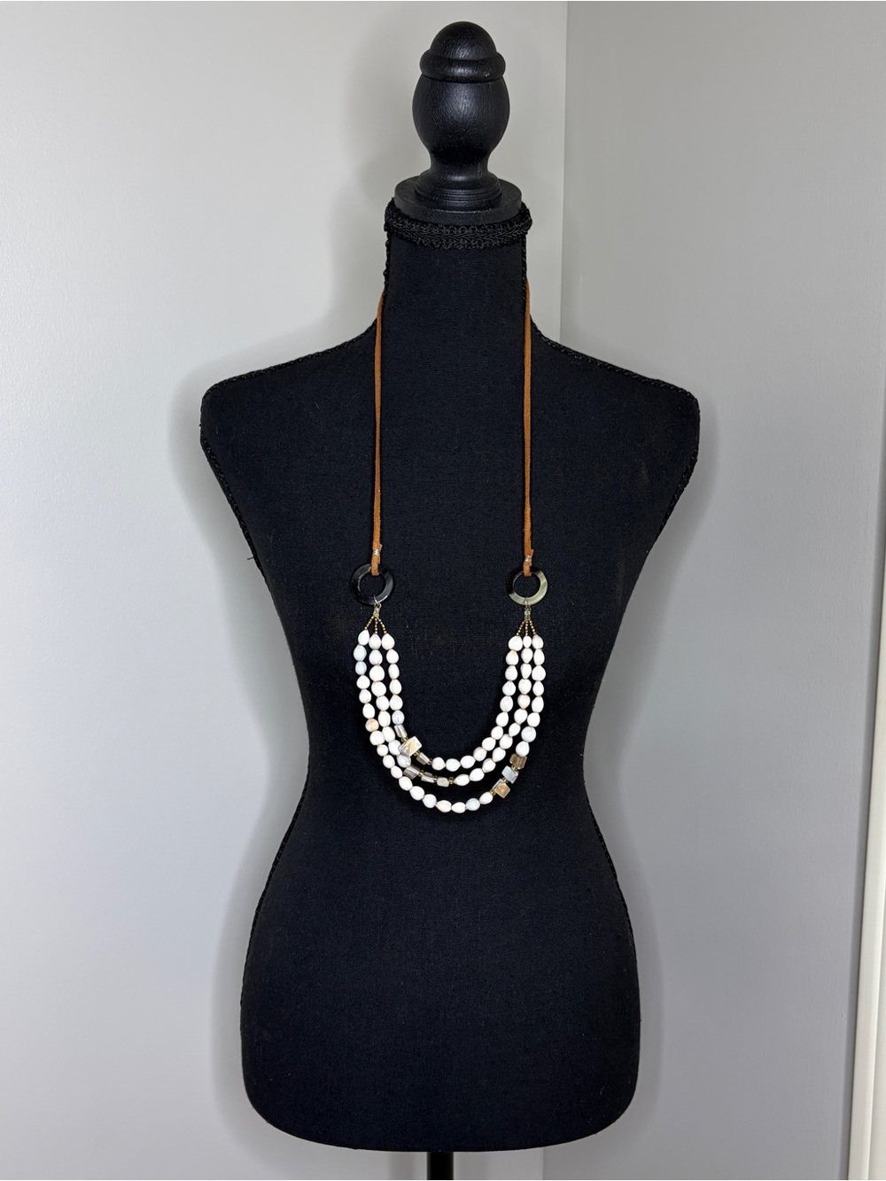 White Beaded Layered Bib Necklace with Brown Leather Cord - Handcrafted